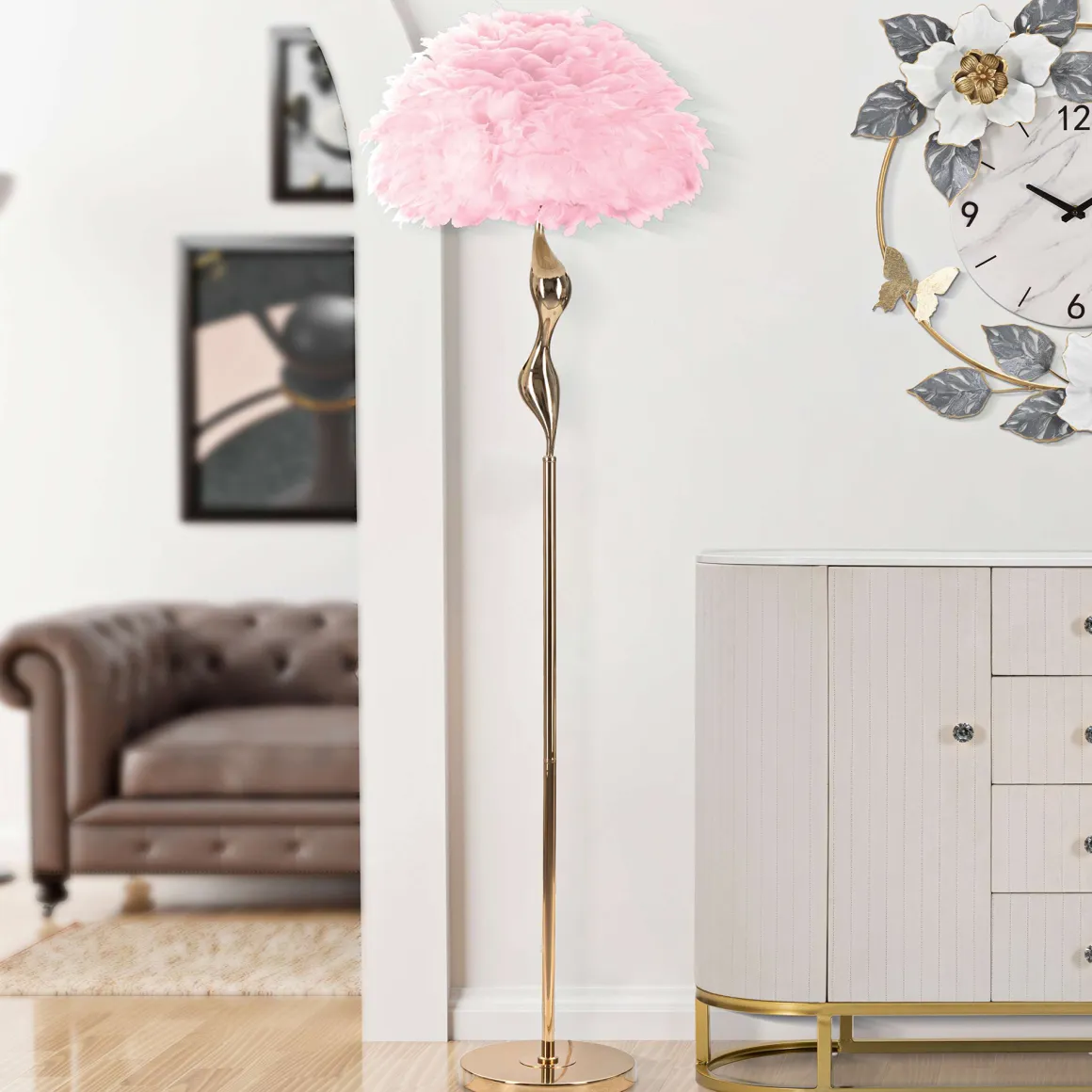 Lampade Da Terra > Dmora Lampada da Terra Rosa oro Necessaria 1 Lampadina Paralume, Attacco e27 - Abha Oro, Rosa
