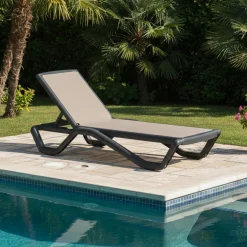 Lettino Prendisole Nero Antracite Beige Impilabile, Regolabile 4 Posizioni Peso Supportato 120 kg 191x57x90h cm, Schienale Regolabile Made in Italy