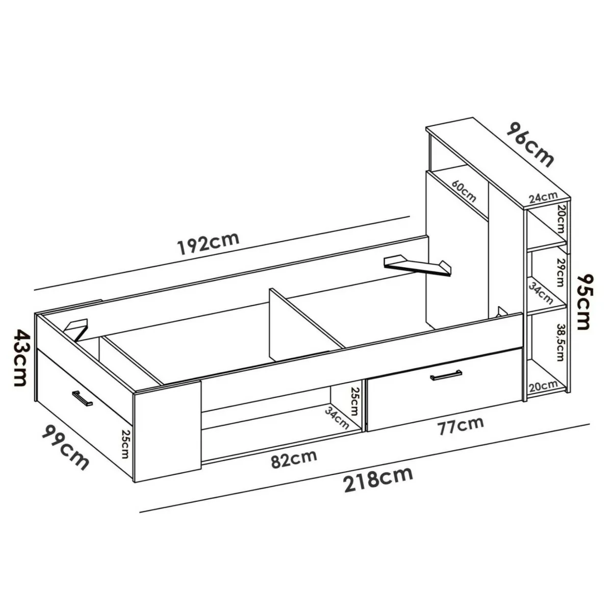 Cameretta|Letti Contenitore > Dmora Letto bambini cassetti e scaffale 218x99cm - Adrielle Bianco