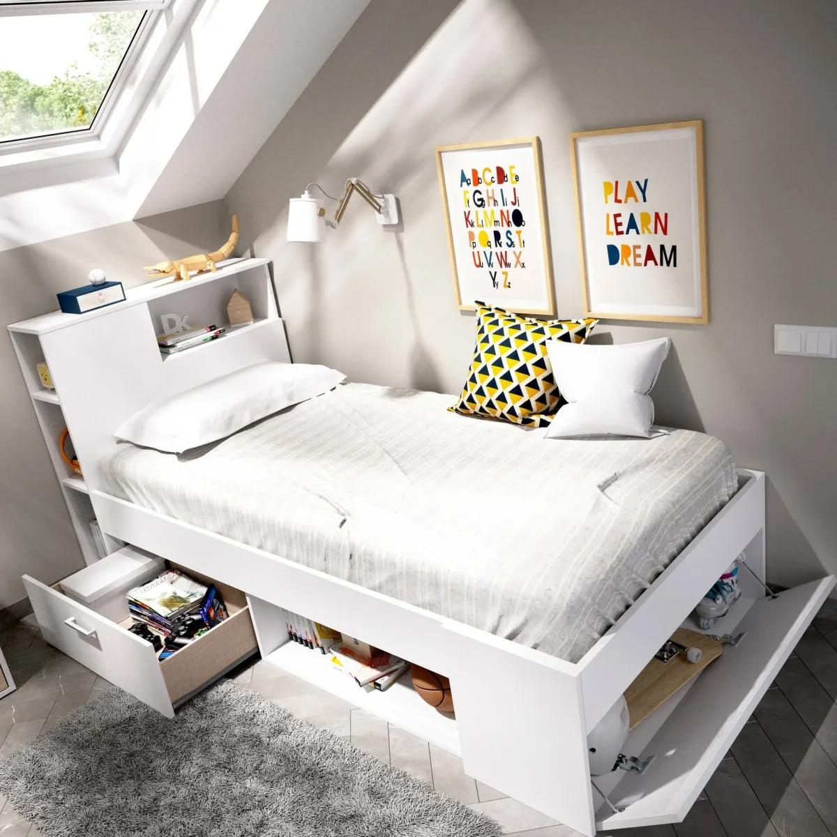 Cameretta|Letti Contenitore > Dmora Letto bambini cassetti e scaffale 218x99cm - Adrielle Bianco