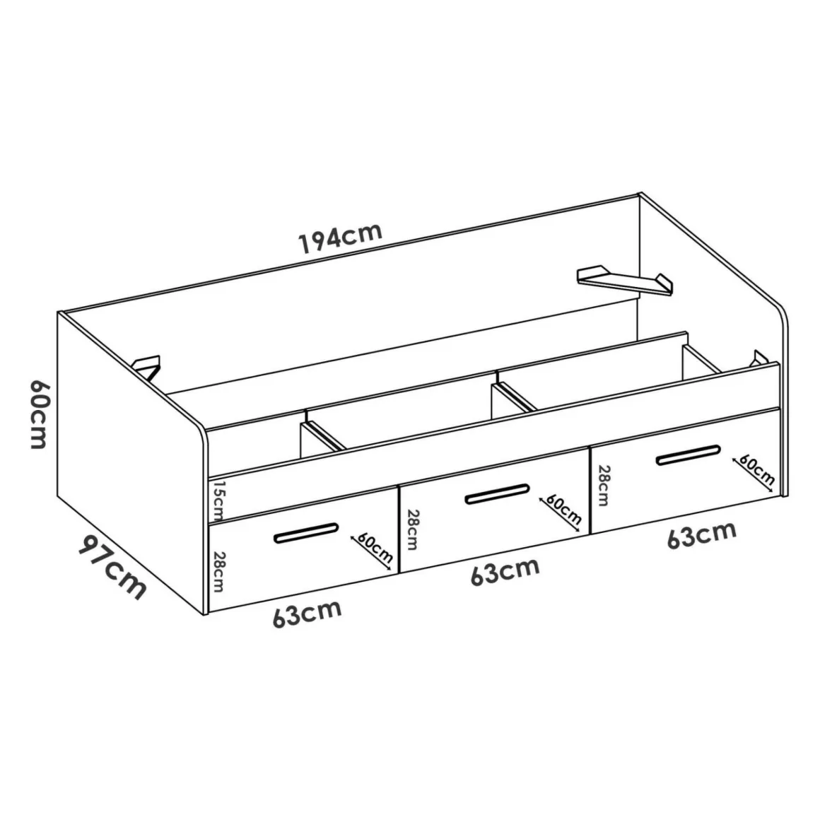 Letto bambini 3 cassetti 194x97cm bianco - Aco