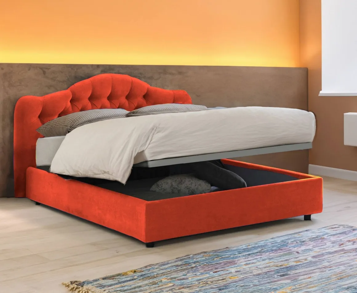 Letto Matrimoniale Arancione Sfoderabile Contenitore, Dimensione Materasso 160x200 cm Made in Italy - Aly