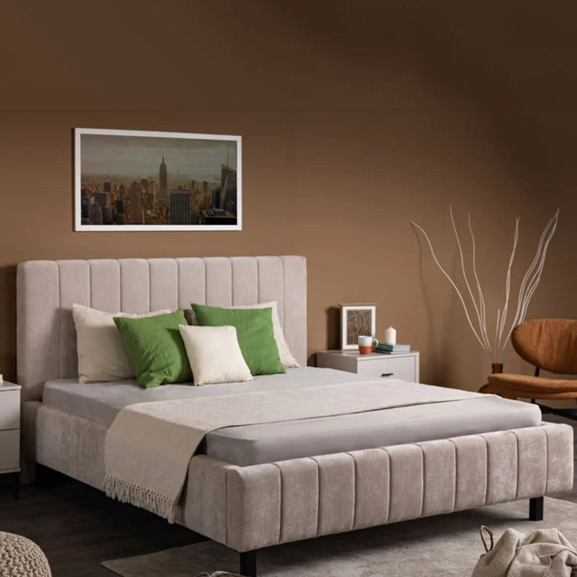 Letto Matrimoniale Beige Dimensione Materasso 160x200 cm Testiera e Giroletto Imbottiti, Imbottito - Exmouth