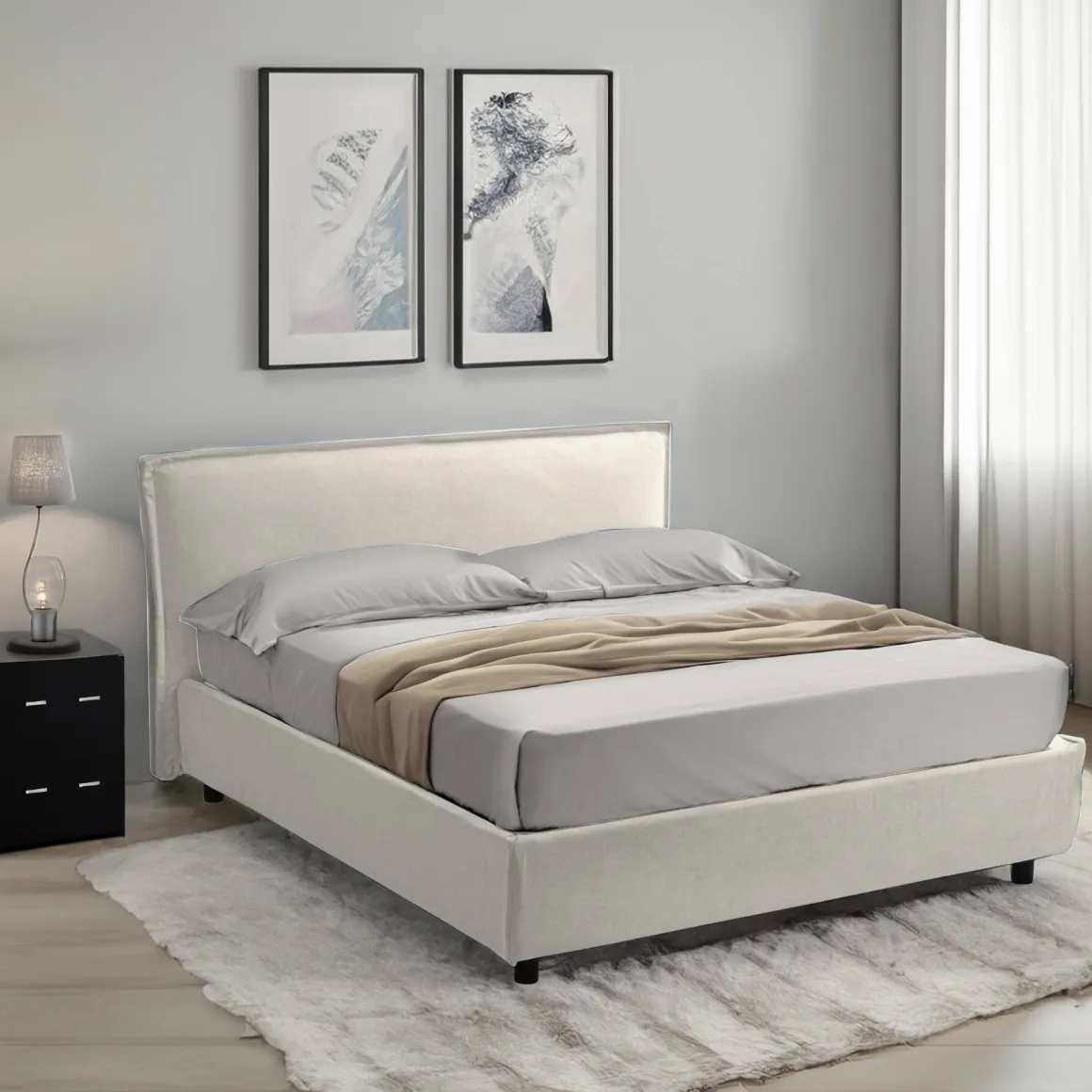 Letto Matrimoniale Beige Sfoderabile Contenitore, Dimensione Materasso 160x200 cm Made in Italy - Bubbio