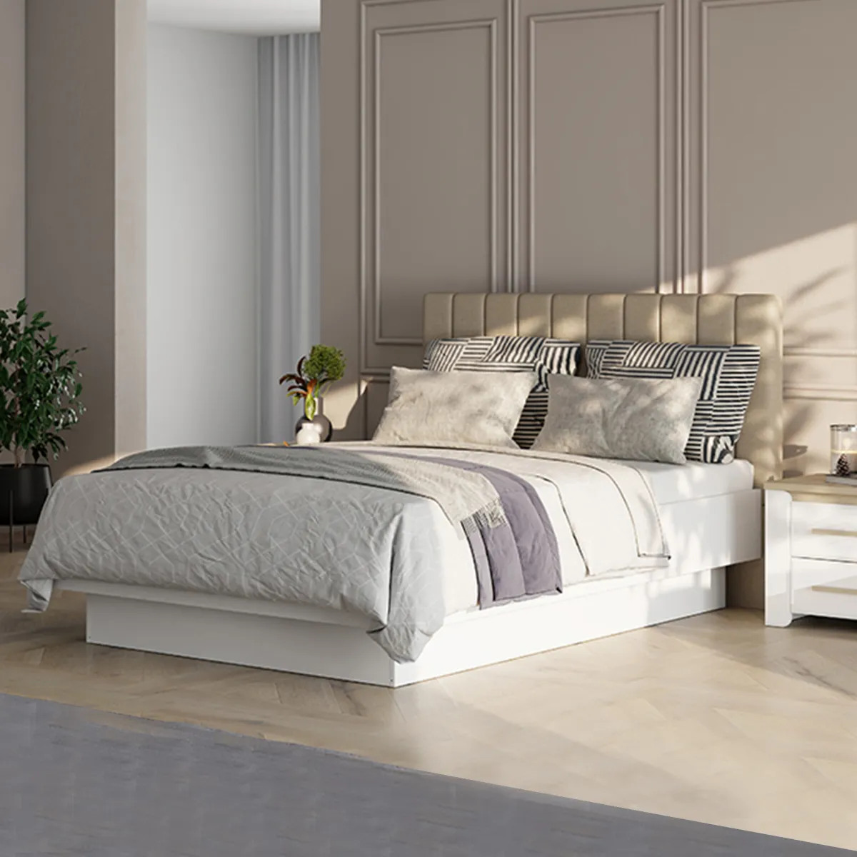 Letti Matrimoniali > Dmora Letto Matrimoniale Bianco Beige Dimensione Materasso 160x200 cm Testiera Imbottita, Imbottito - Byron Beige, Bianco