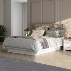 Letto Matrimoniale Bianco Beige Dimensione Materasso 180x200 cm Testiera Imbottita, Imbottito - Byron