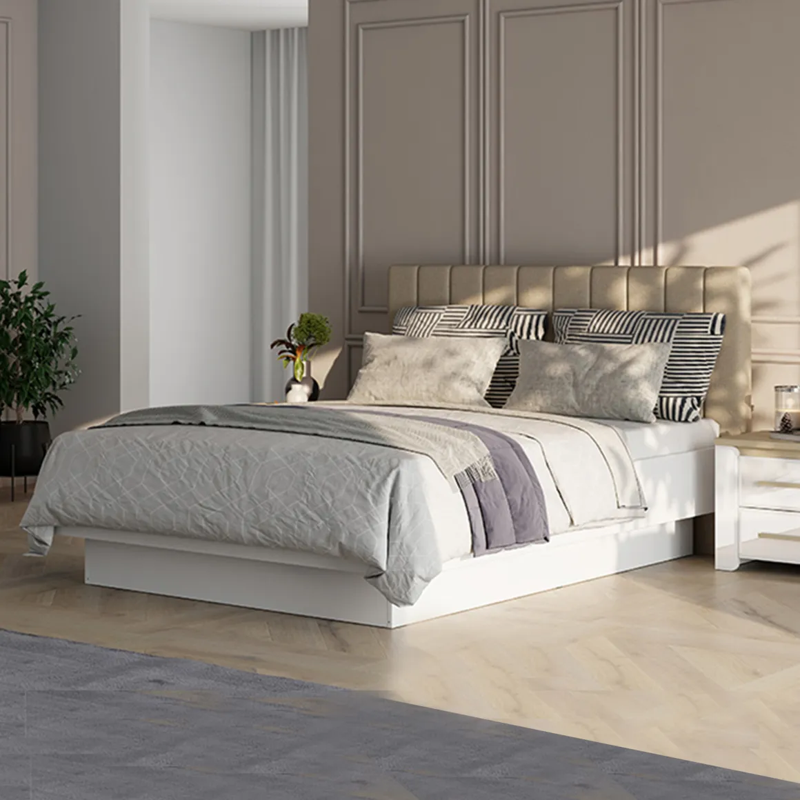 Letto Matrimoniale Bianco Beige Dimensione Materasso 180x200 cm Testiera Imbottita, Imbottito - Byron
