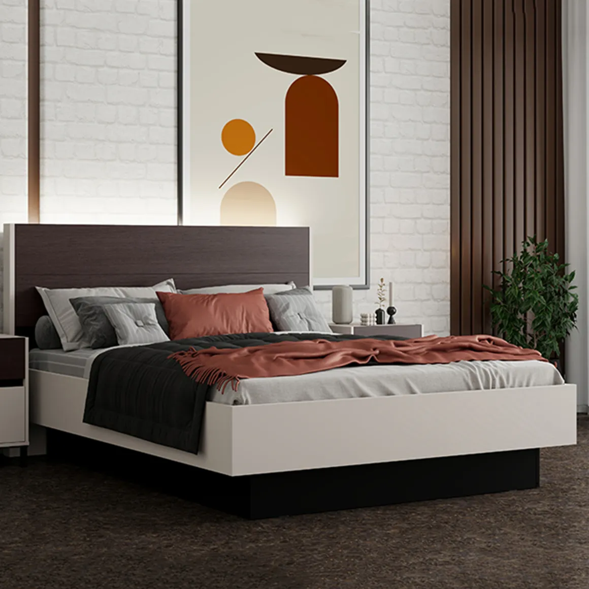 Letto Matrimoniale Bianco Crema Marrone Noce Dimensione Materasso 180x200 cm Peso Supportato 200 kg, Matrimoniale - Kamak