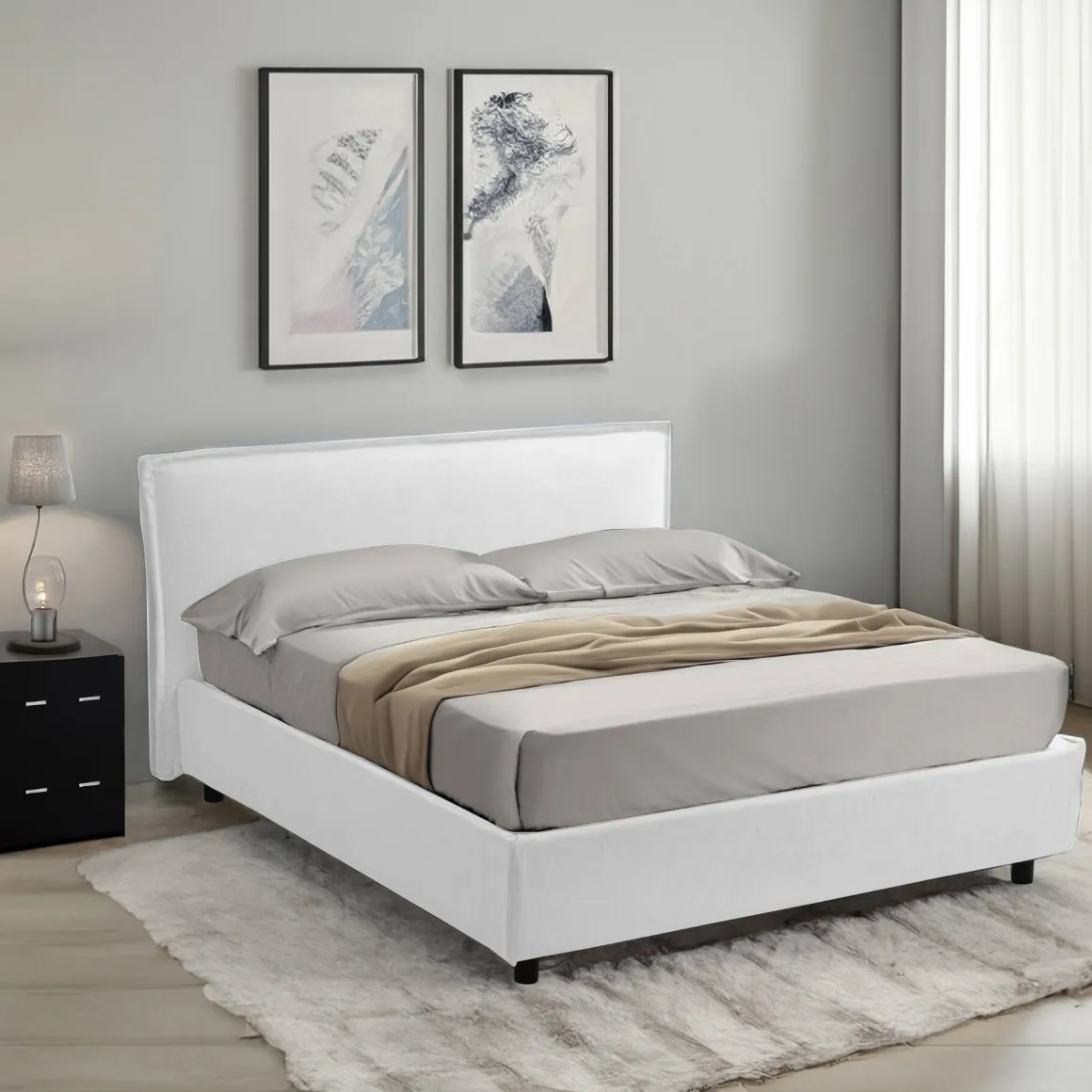 Letto Matrimoniale Bianco Materasso Incluso Sfoderabile, Contenitore Made in Italy - Bruzolo