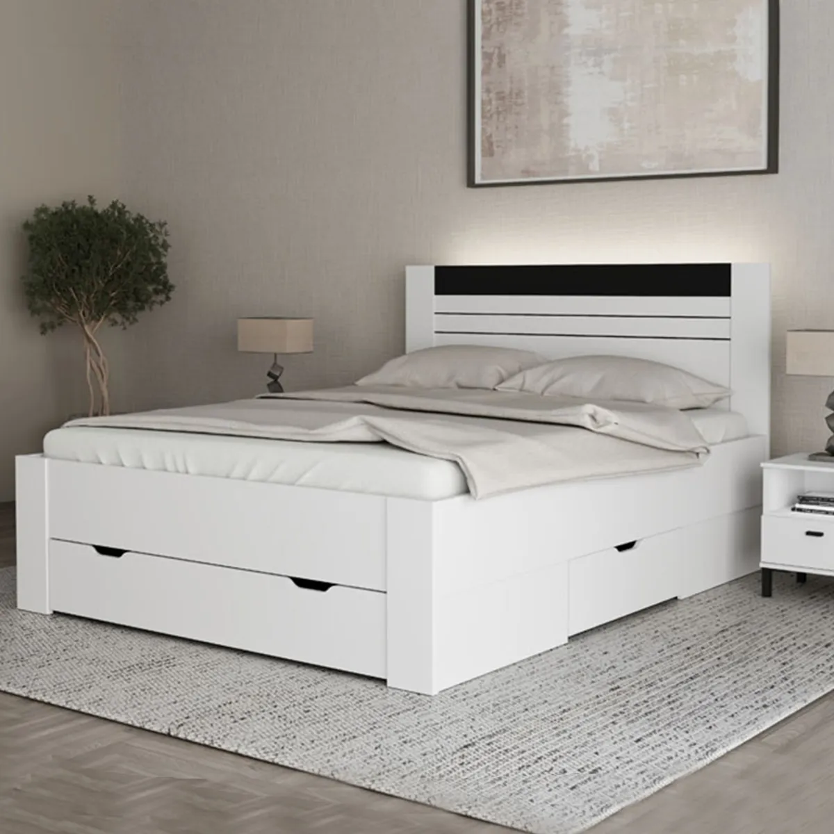 Letti Matrimoniali > Dmora Letto Matrimoniale Bianco Nero Dimensione Materasso 160x200 cm Testata Dettaglio Rigato, Peso Supportato 200 kg - Kabale Nero, Bianco