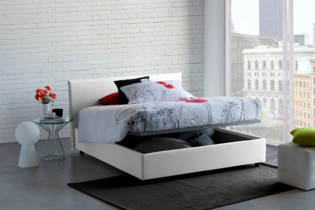 Letti Matrimoniali|Letti Contenitore > Dmora Letto matrimoniale contenitore 175x205cm struttura in legno - Ashlee Bianco