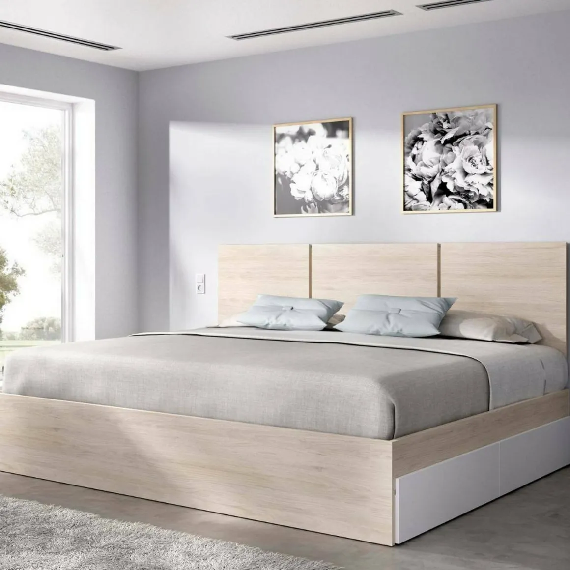Letti Matrimoniali > Dmora Letto matrimoniale moderno bianco e rovere 205x266cm - Alina Marrone, Bianco Rovere