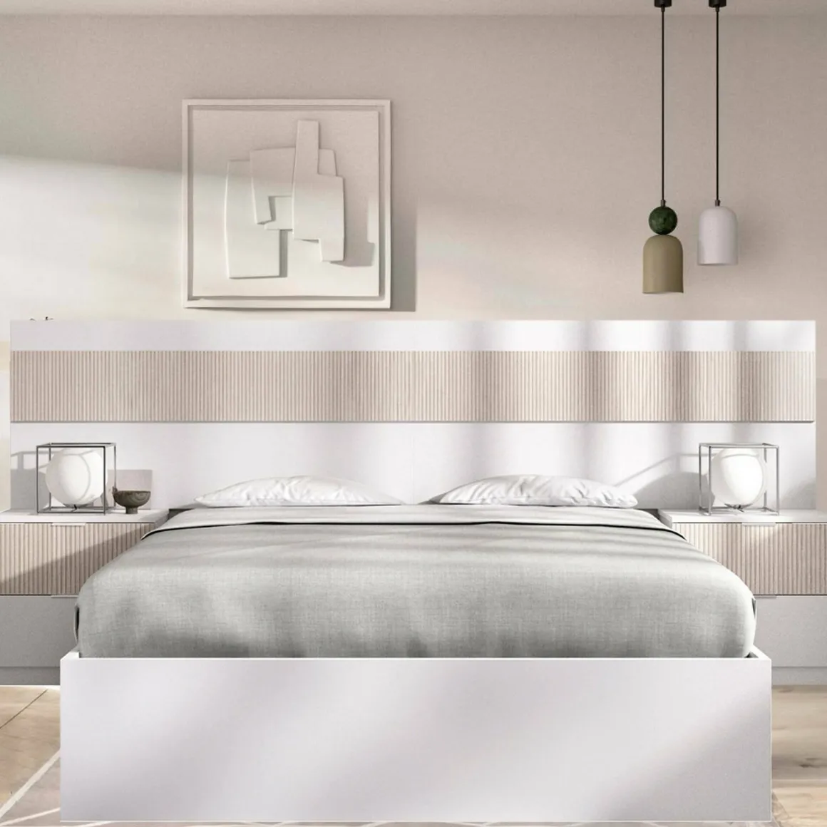 Letto matrimoniale moderno bianco e rovere 205x266cm comodo - Haima