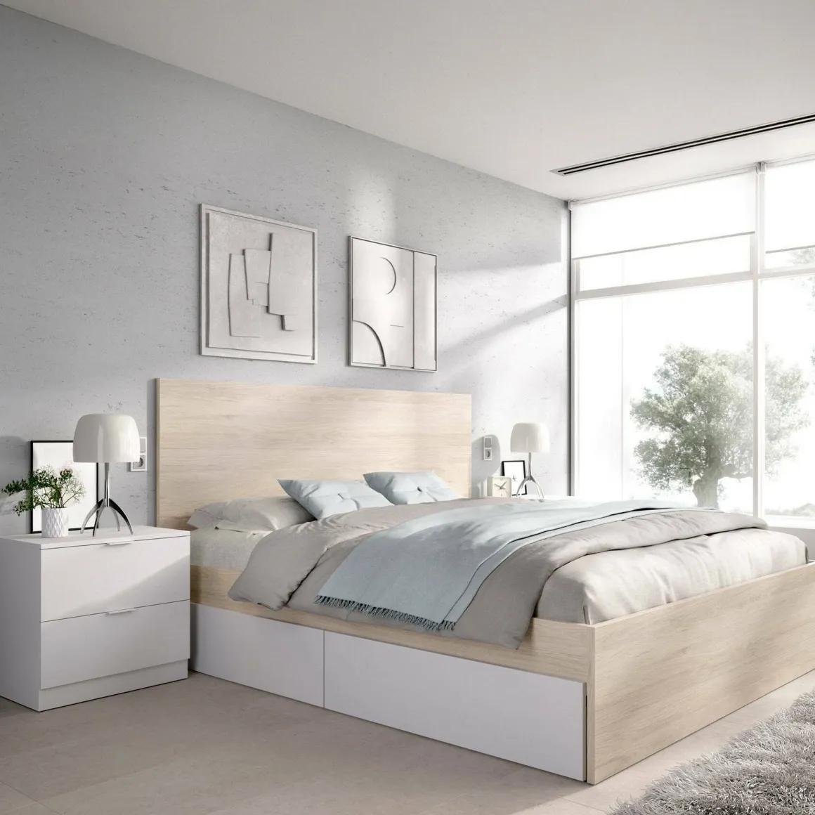 Letto matrimoniale moderno bianco e rovere 205x269cm - Usman