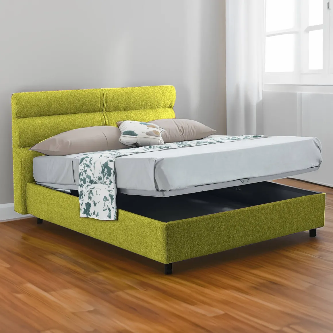 Letto Matrimoniale Verde Materasso Incluso Sfoderabile, Contenitore Made in Italy - Bedero