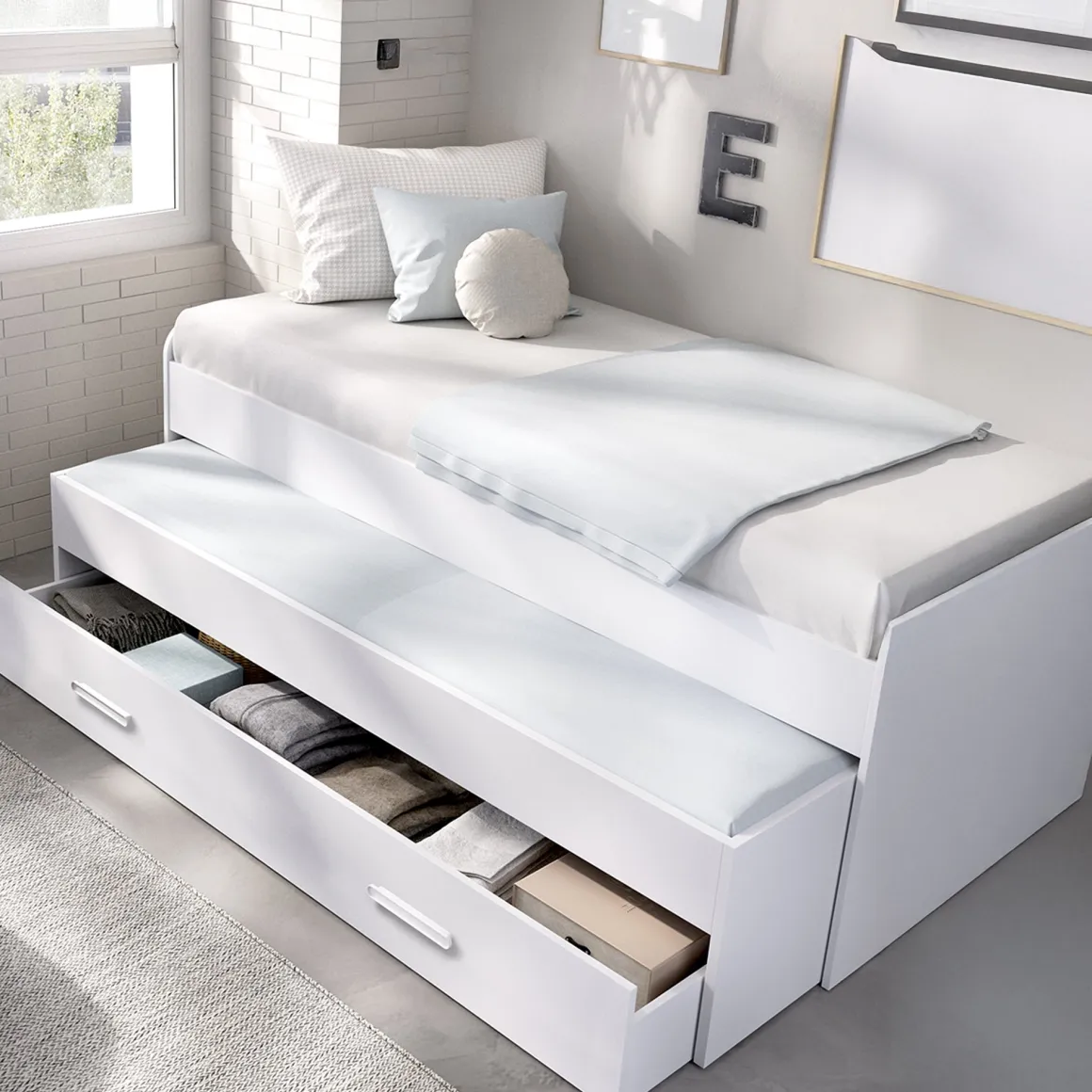 Letti Per Bambini > Dmora Letto per Bambini Contenitore Letto Superiore Adatto a Rete 90x200 cm Senza Piedini, Letto Inferiore Rete non Necessaria, - Glorenza Bianco