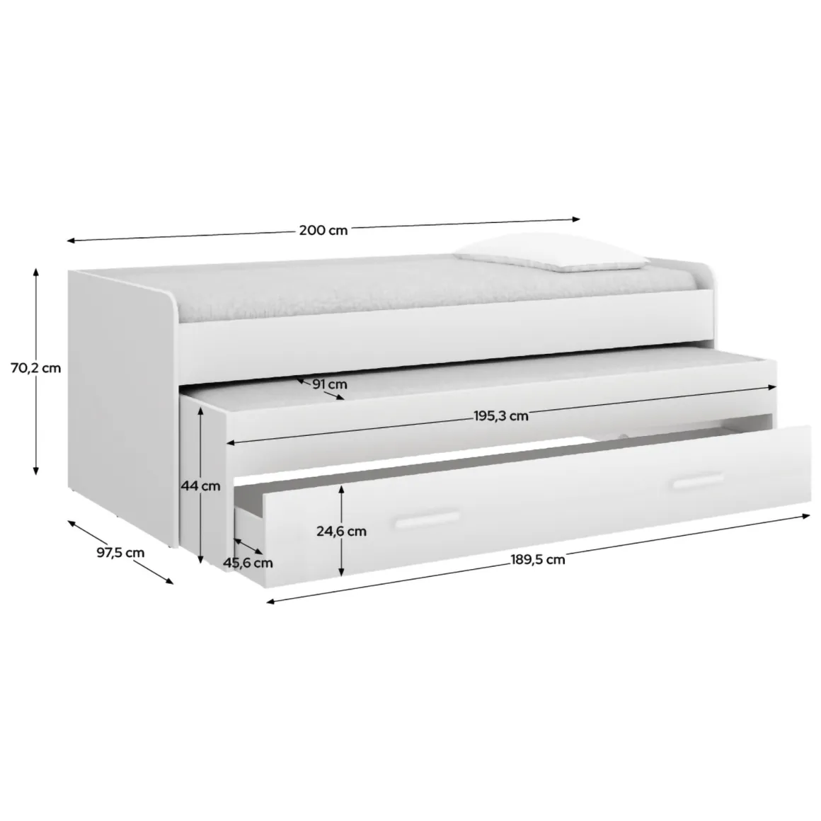 Letti Per Bambini > Dmora Letto per Bambini Contenitore Letto Superiore Adatto a Rete 90x200 cm Senza Piedini, Letto Inferiore Rete non Necessaria, - Glorenza Bianco