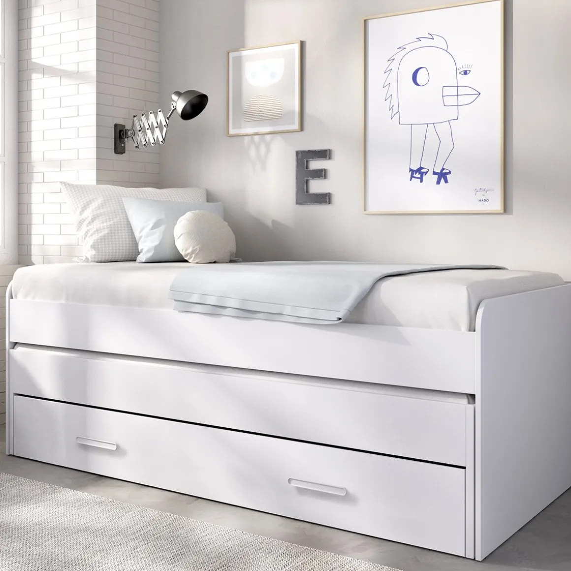 Letti Per Bambini > Dmora Letto per Bambini Contenitore Letto Superiore Adatto a Rete 90x200 cm Senza Piedini, Letto Inferiore Rete non Necessaria, - Glorenza Bianco