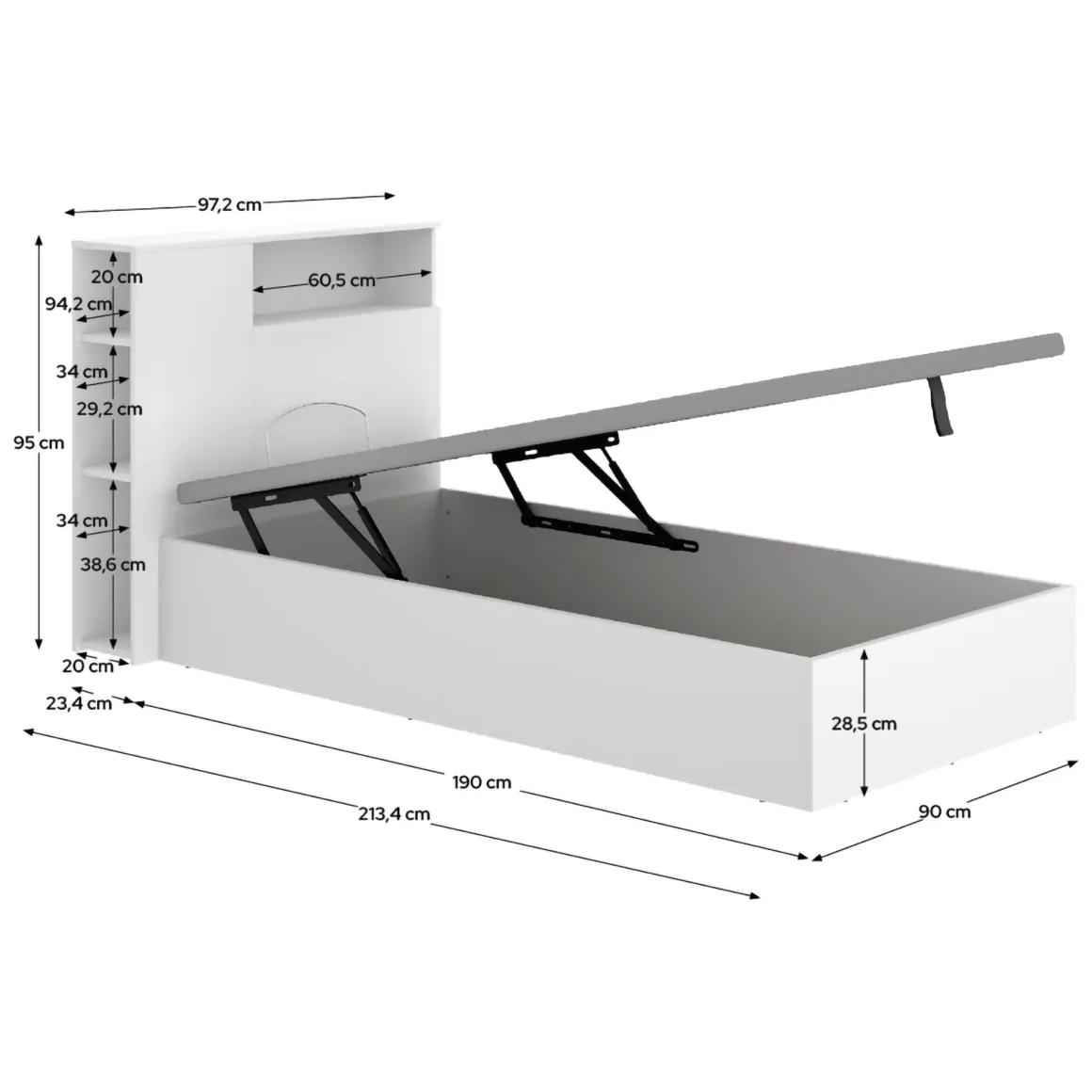 Letto per Bambini Bianco Contenitore, Dimensione Materasso 90x190 cm - Kenai