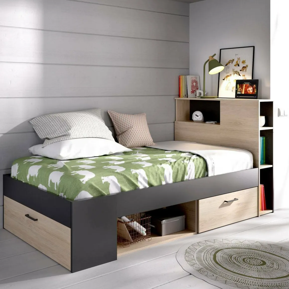 Letto per bambini scaffali e cassetti 218x99cm rovere e antracite - Adrielle