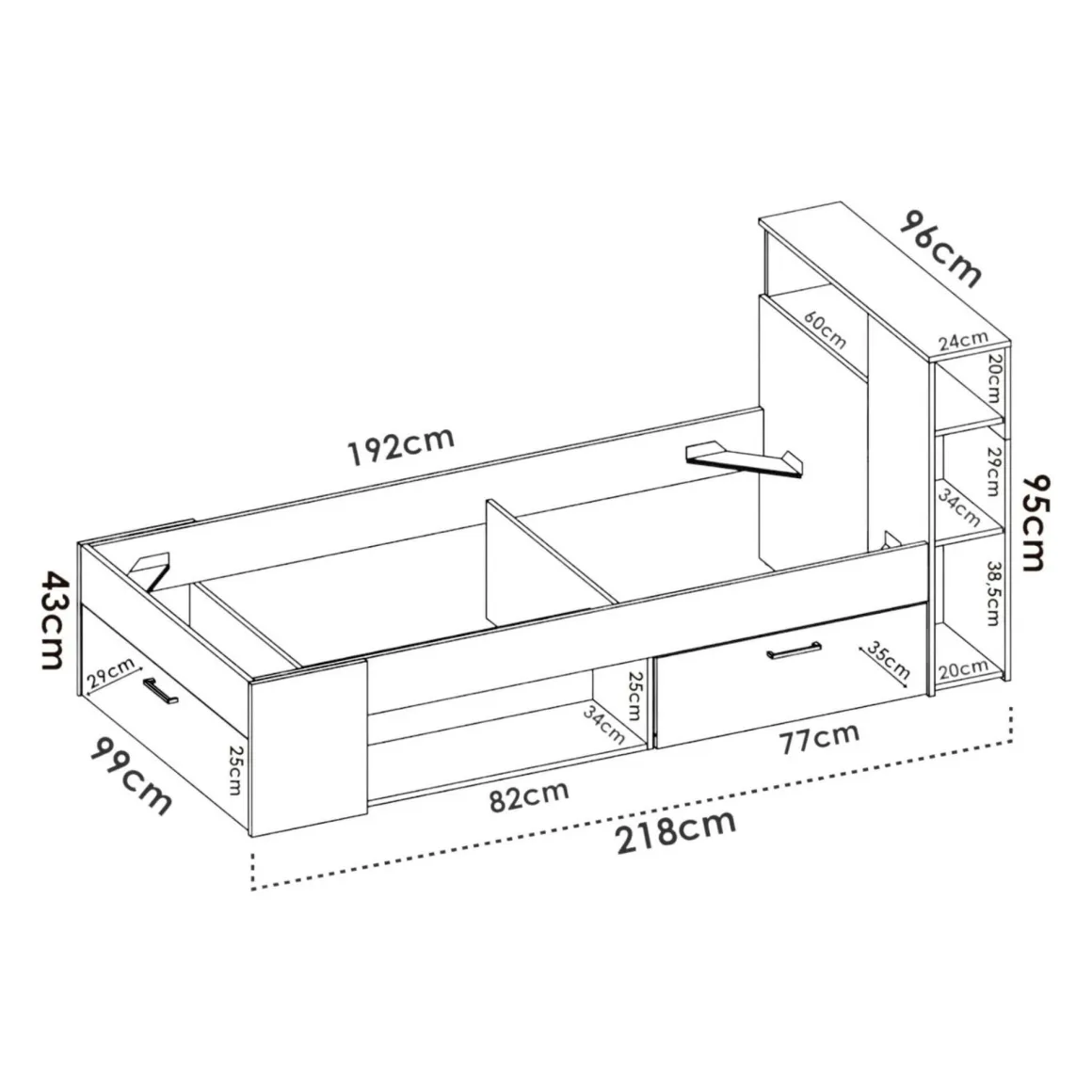 Letto per bambini scaffali e cassetti 218x99cm rovere e antracite - Adrielle