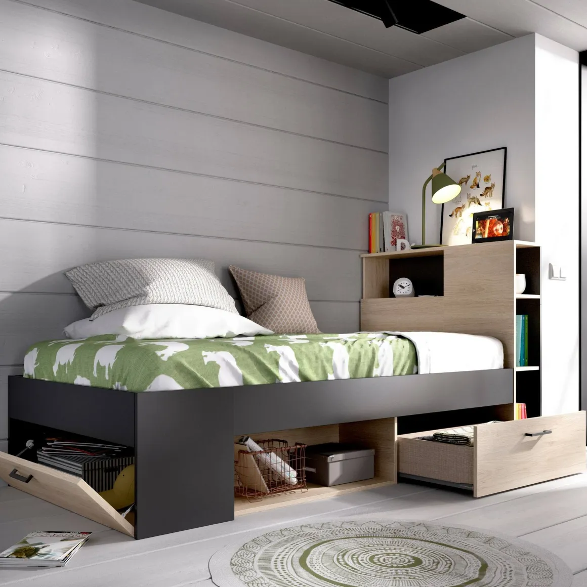 Letto per bambini scaffali e cassetti 218x99cm rovere e antracite - Adrielle