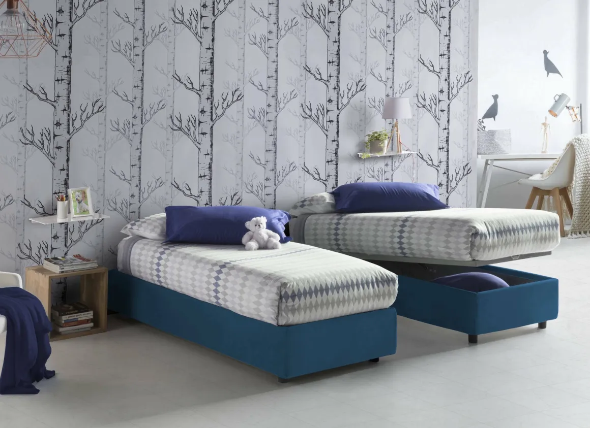 Letto 1 piazza contenitore blu 95x205cm rivestito in tessuto - Agenta