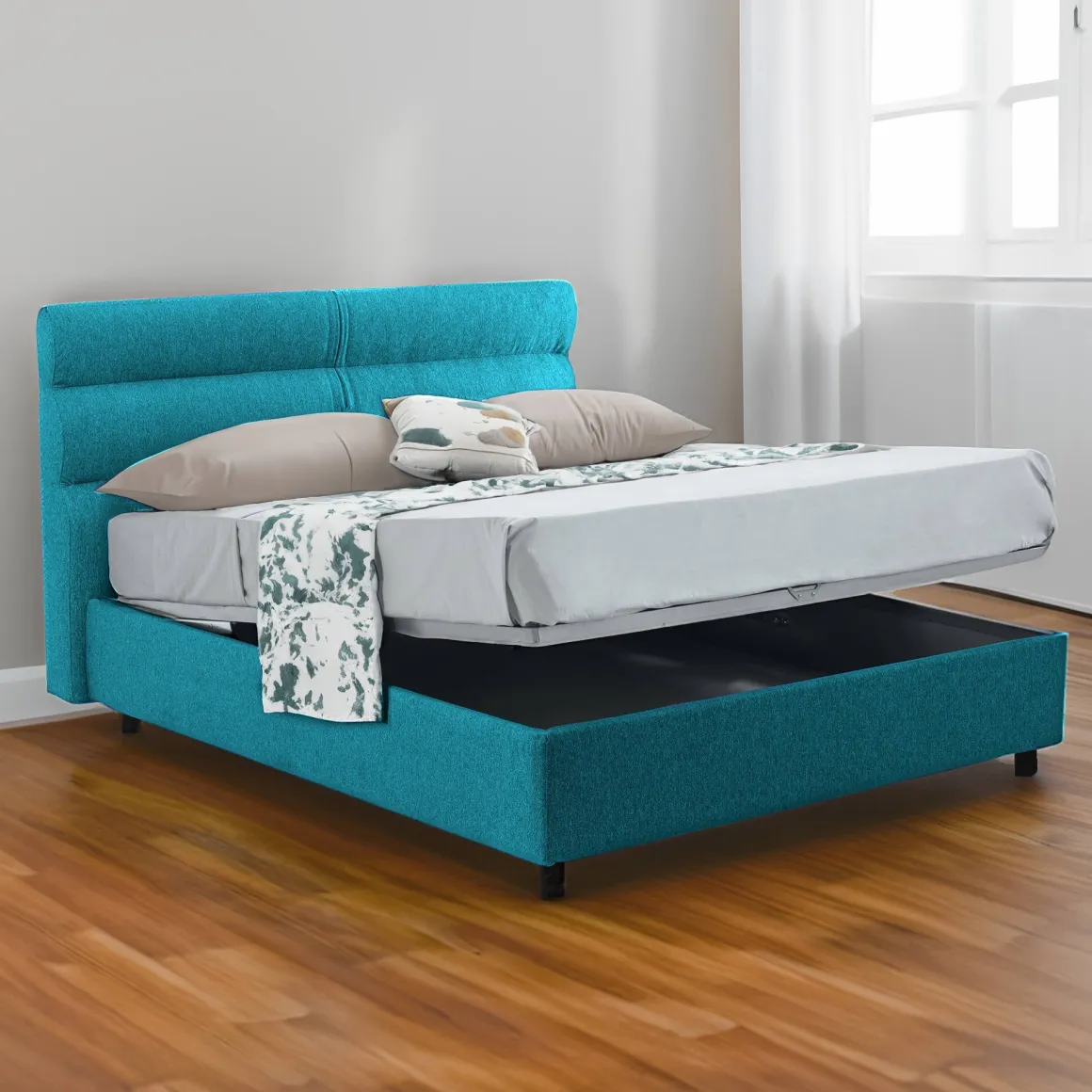Letto Piazza e Mezza Azzurro Sfoderabile Contenitore, Dimensione Materasso 120x200 cm Made in Italy - Briona