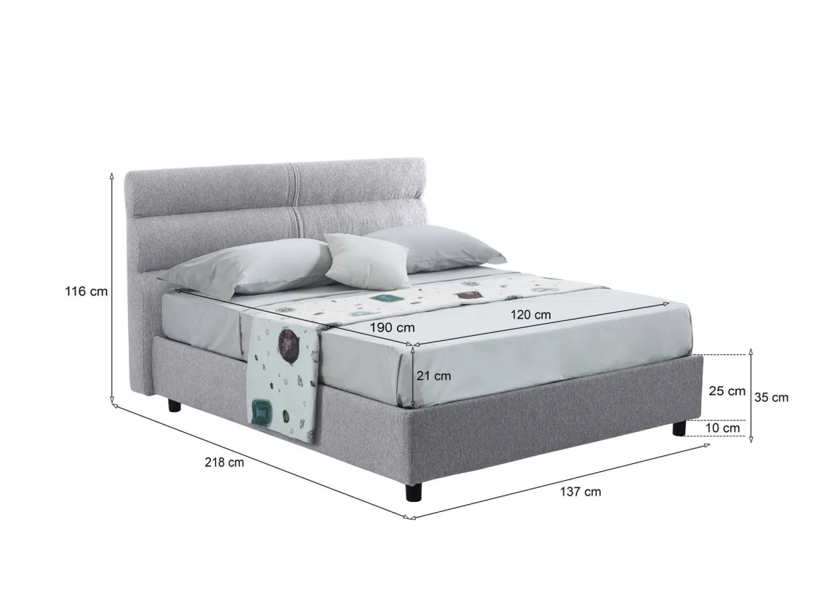 Letto Piazza e Mezza Grigio Materasso Incluso Sfoderabile, Contenitore Made in Italy - Briosco