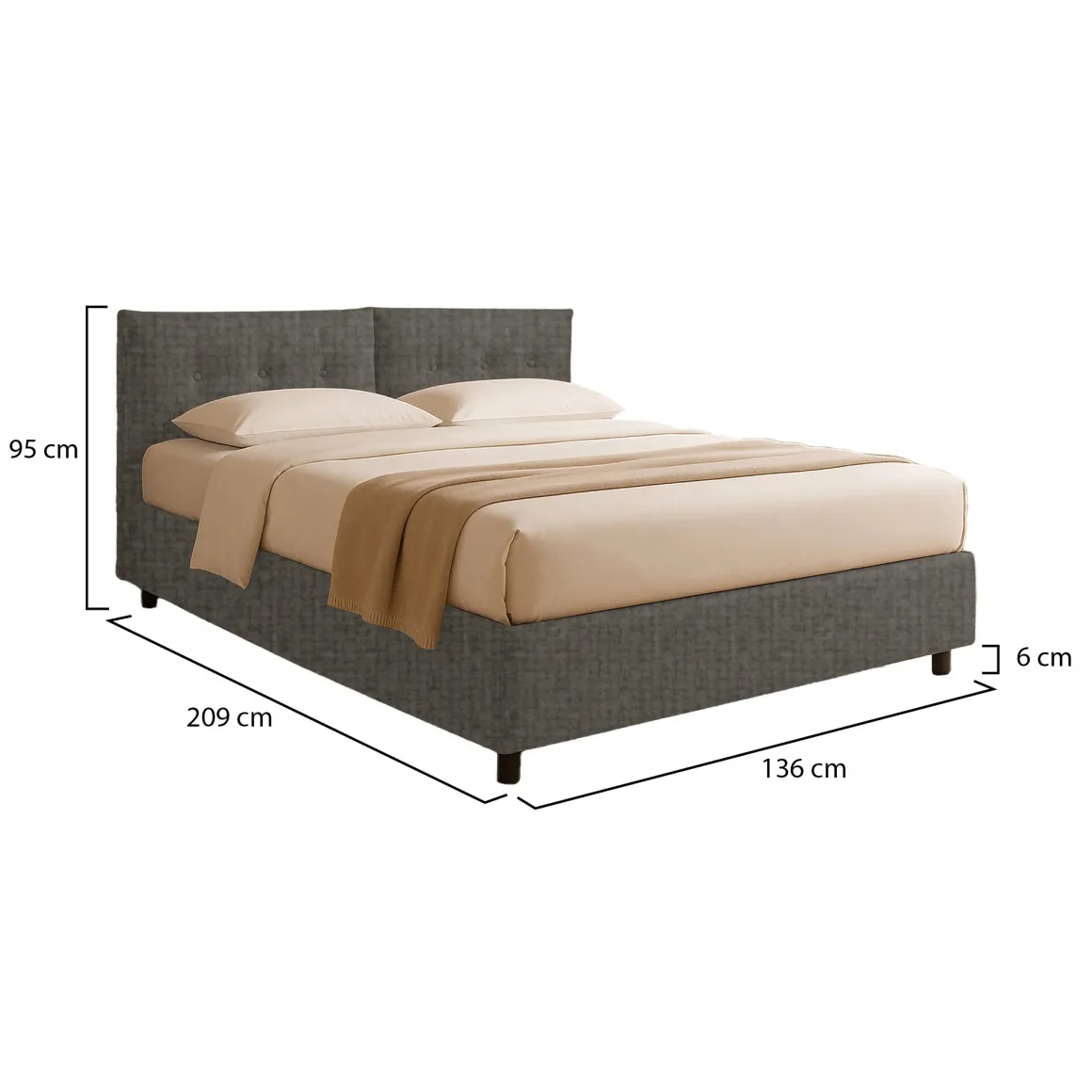 Letto Piazza e Mezza Grigio Tortora Sfoderabile Contenitore, Dimensione Materasso 120x200 cm - Concesio