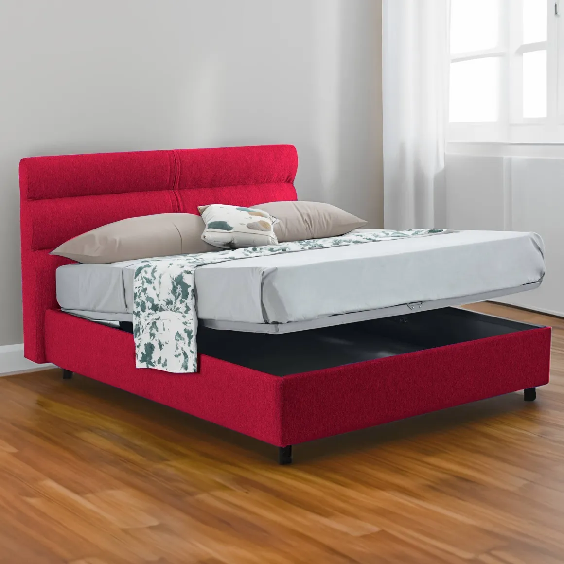 Letto Piazza e Mezza Rosso Sfoderabile Contenitore, Dimensione Materasso 120x200 cm Made in Italy - Briona