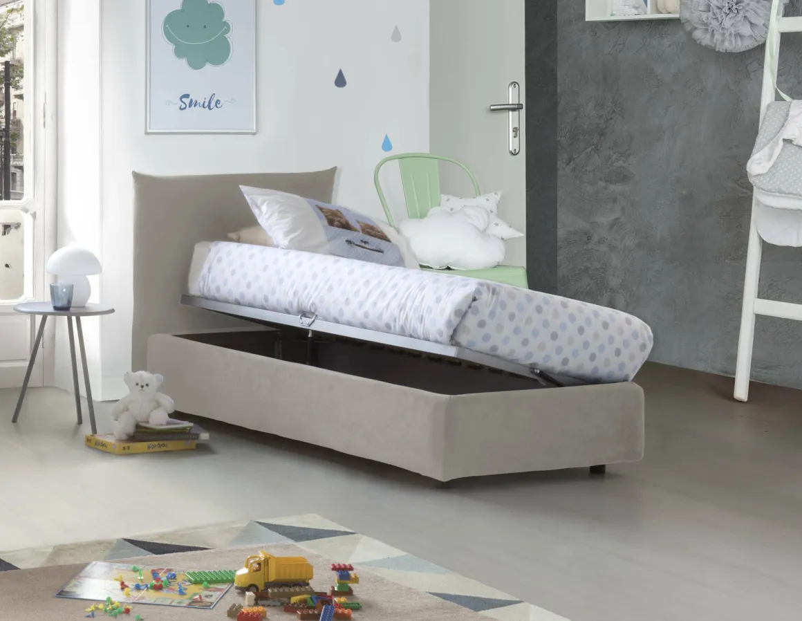 Letto 1 posto contenitore beige 110x215cm rivestito in tessuto - Alisech