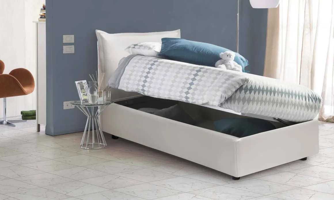 Letto 1 posto contenitore bianco 95x205cm rivestimento in ecopelle - Alzavola