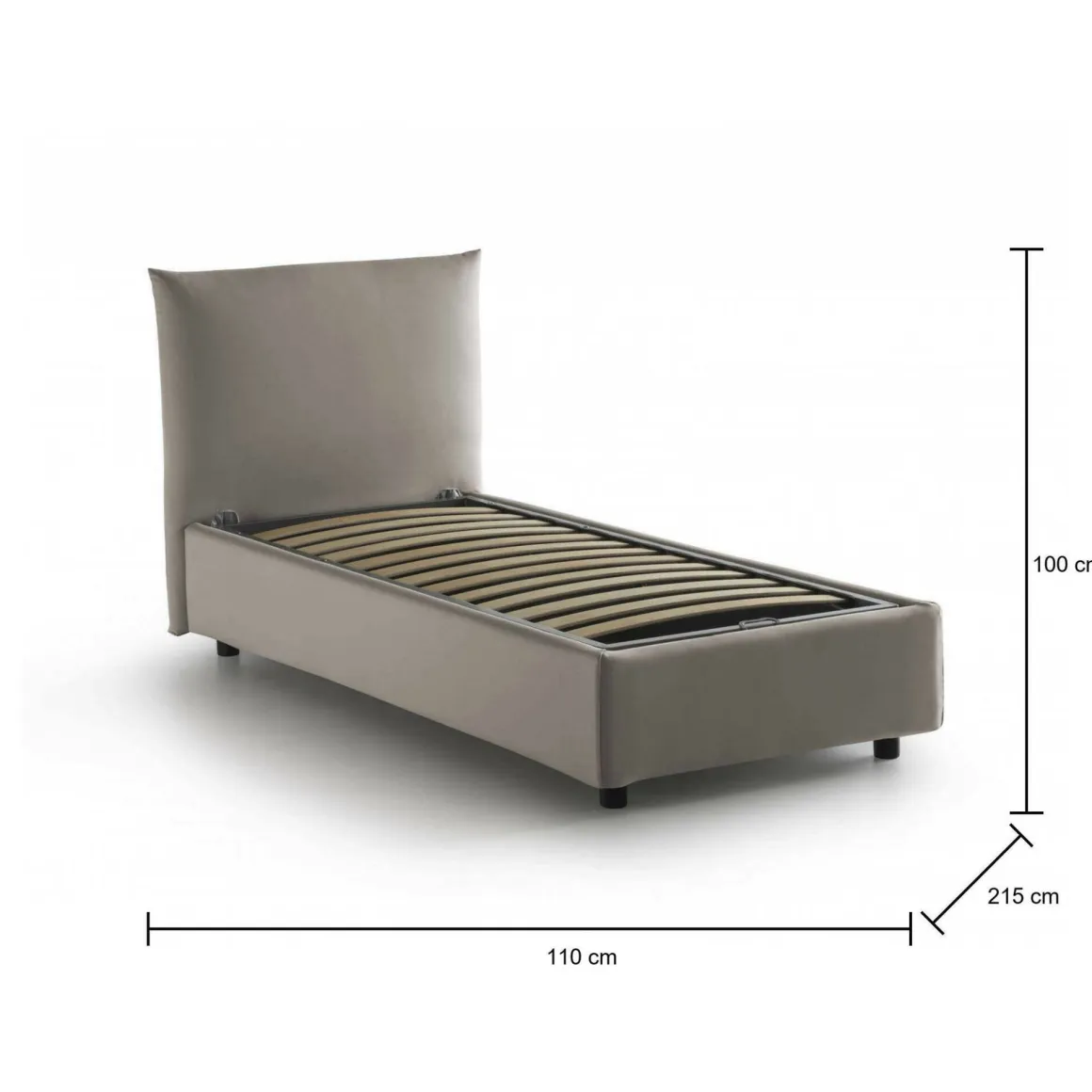 Letto 1 posto contenitore tortora 110x215cm rivestito in tessuto - Alisech
