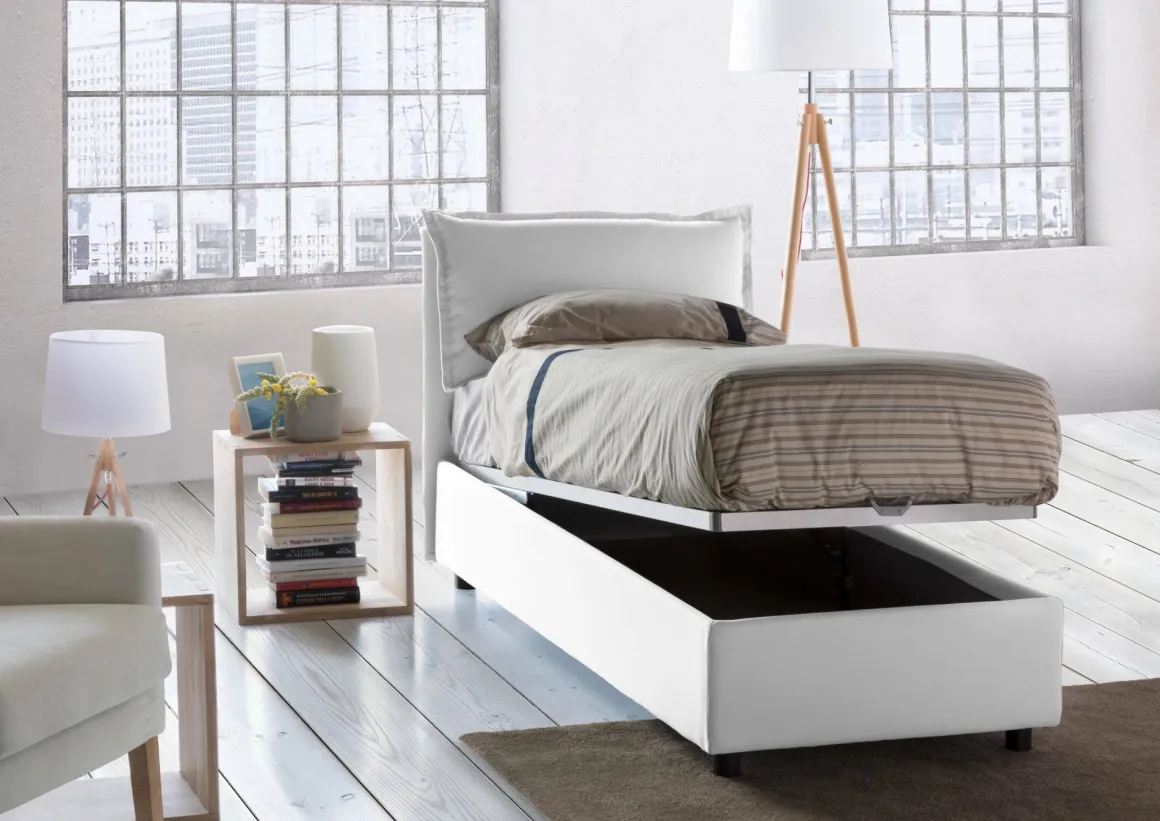 Letto singolo contenitore bianco 95x205cm imbottito - Armaduk