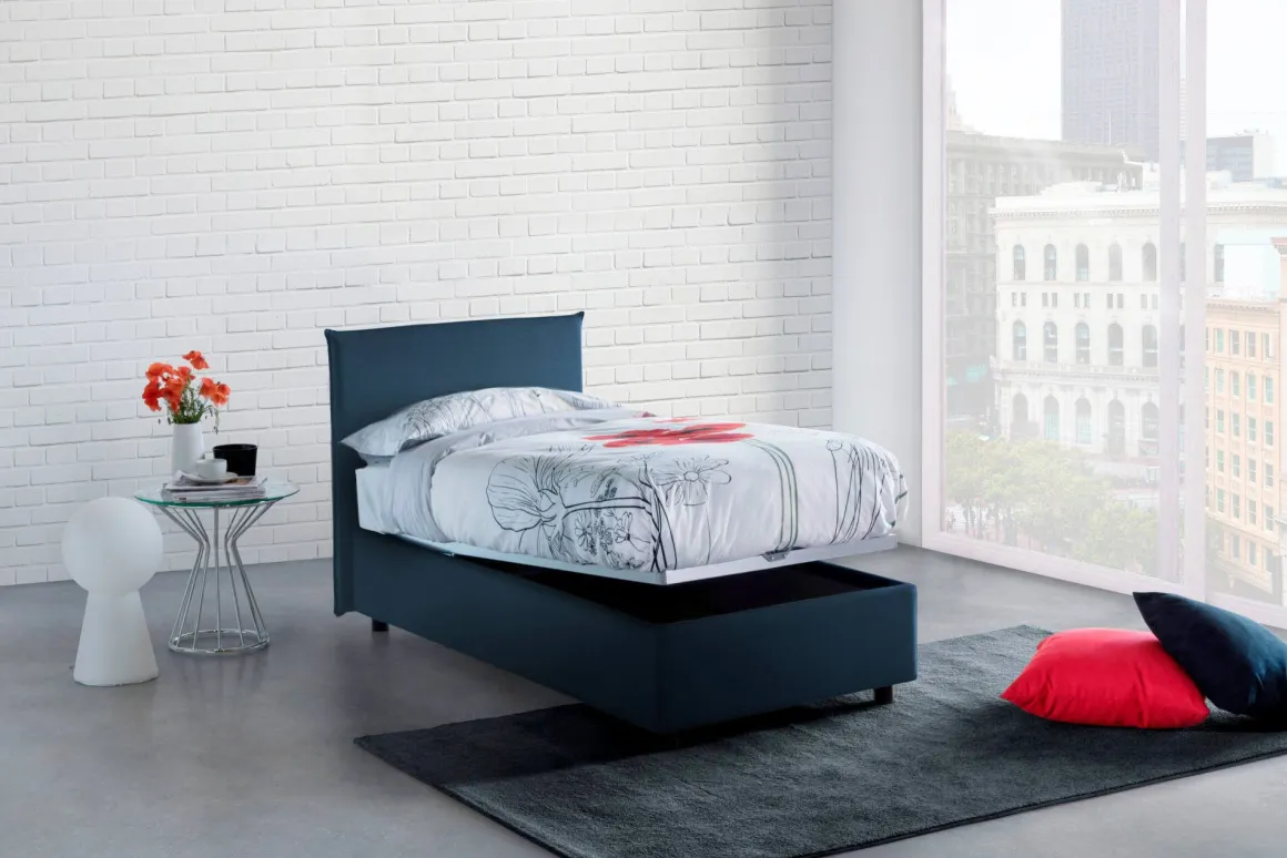 Letto singolo contenitore blu 105x215cm con testiera imbottita - Alison