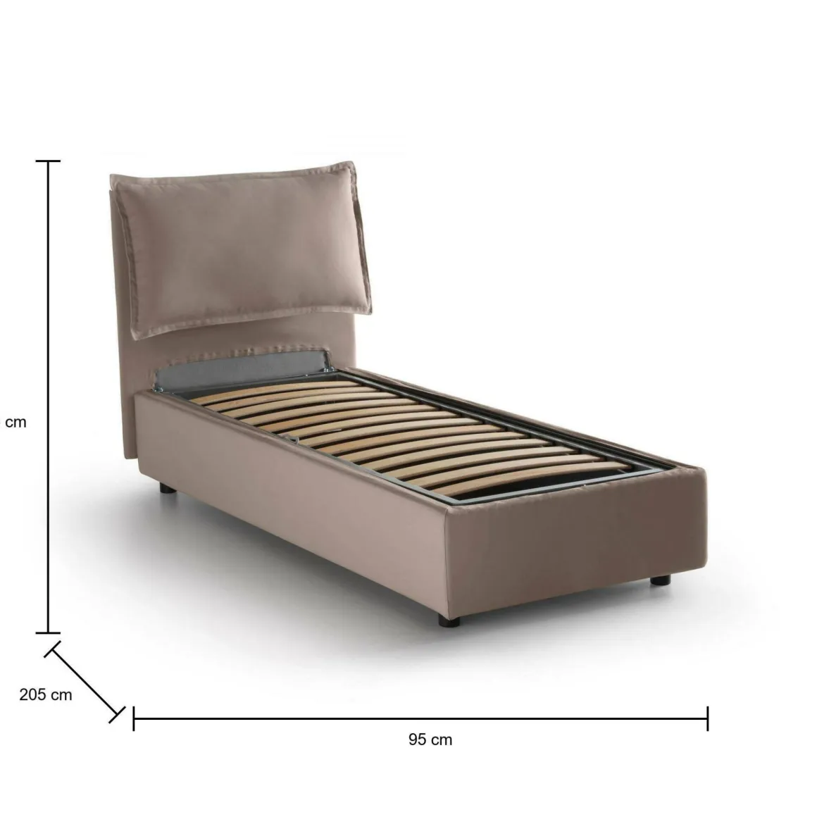 Letto singolo contenitore tortora 95x205cm con testiera imbottita - Alto