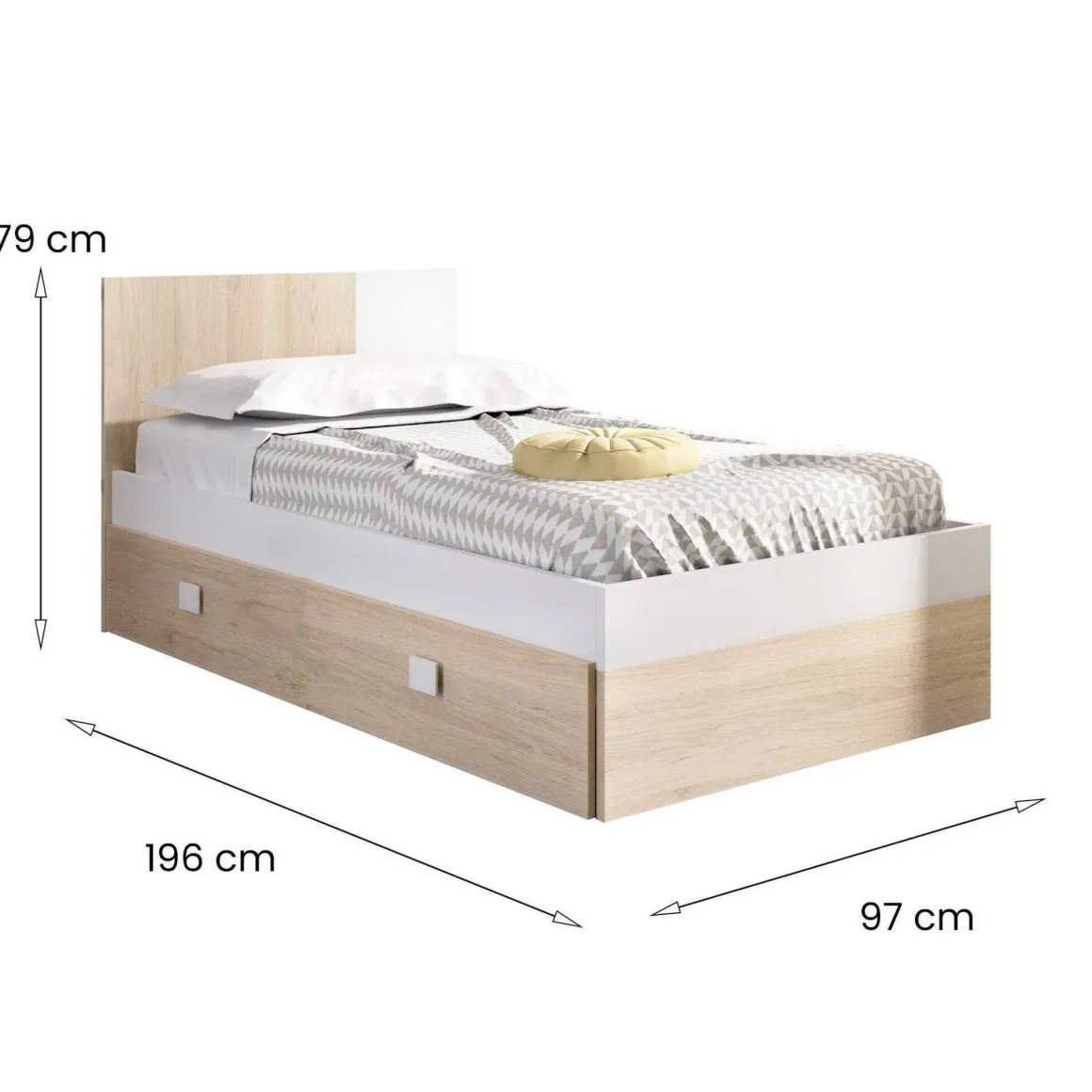 Letto singolo moderno bianco e rovere 196x97cm adatto per materasso 90x190 cm - Villongo