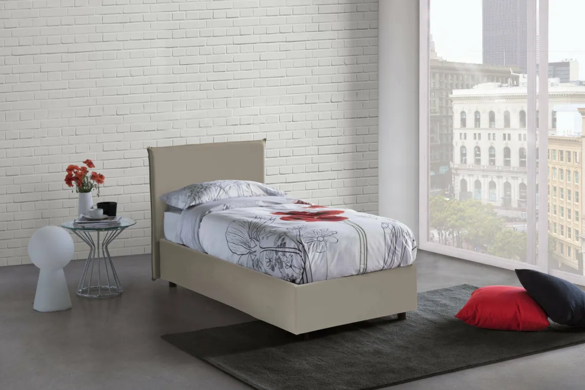 Letto una piazza contenitore tortora 105x205cm rivestimento in ecopelle - Bernarda