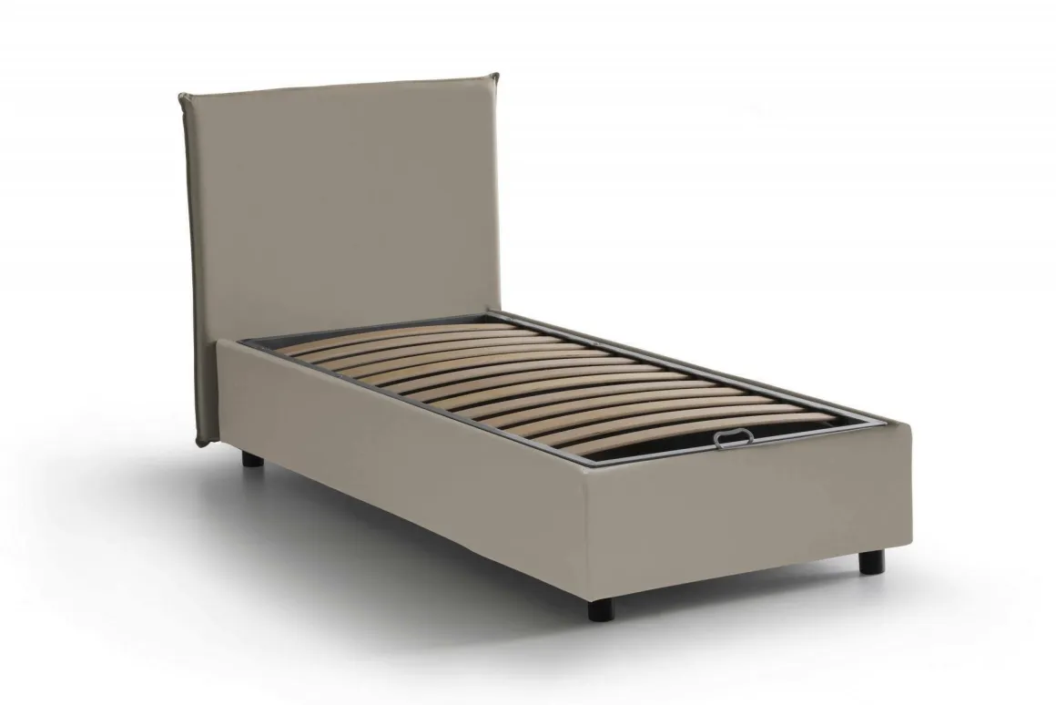Letto una piazza contenitore tortora 105x205cm rivestimento in ecopelle - Bernarda
