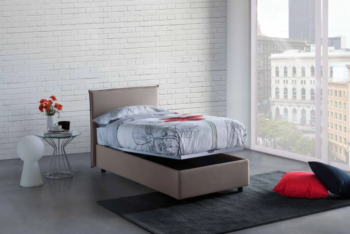 Letto una piazza contenitore tortora 95x215cm rivestimento in tessuto - Boudicca