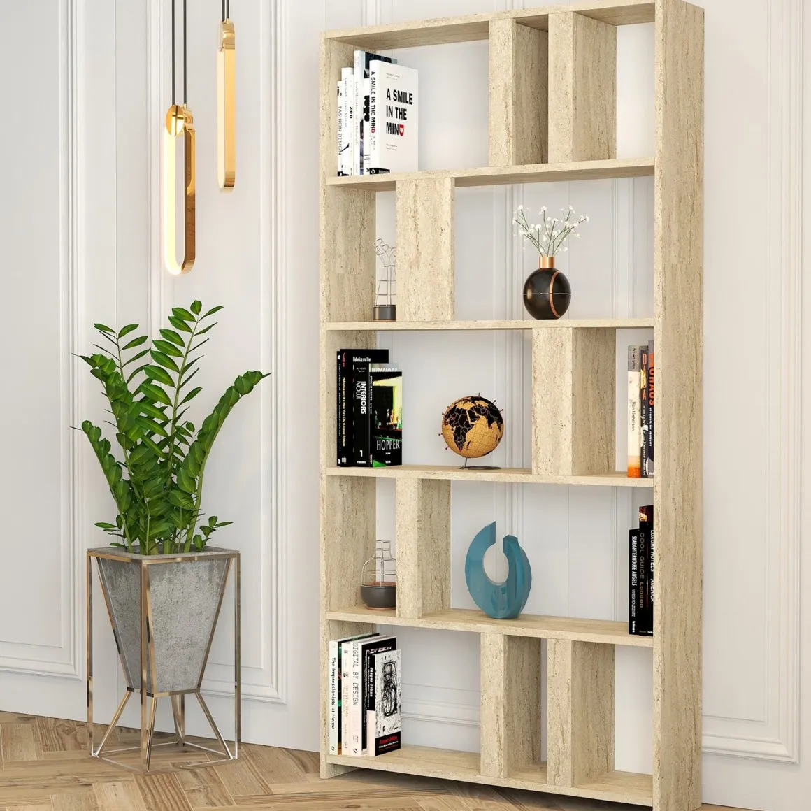 Libreria Beige Marmo 4 Ripiani Installazione Libera 90x20x180h cm, Struttura Verticale - Tribogna