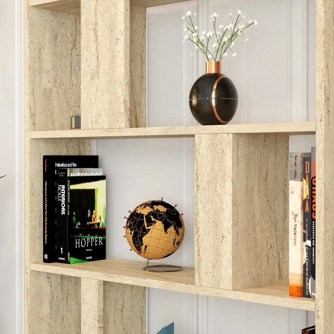 Libreria Beige Marmo 4 Ripiani Installazione Libera 90x20x180h cm, Struttura Verticale - Tribogna