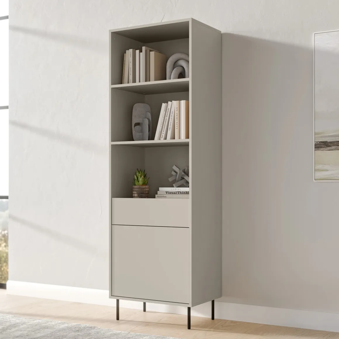 Libreria Beige un Cassetto 3 Ripiani 60x39x184h cm, con Piedini in Metallo - Pioraco