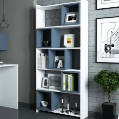 Libreria Bianco blu Ardesia 4 Ripiani Installazione Libera 80x22x170h cm, Sfumatura Colore Struttura Ardesia - Policoro