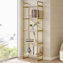 Libreria Bianco Marmo oro 5 Ripiani Installazione Libera 58x30x175h cm, Utilizzabile Come Divisorio Locale - Trecenta