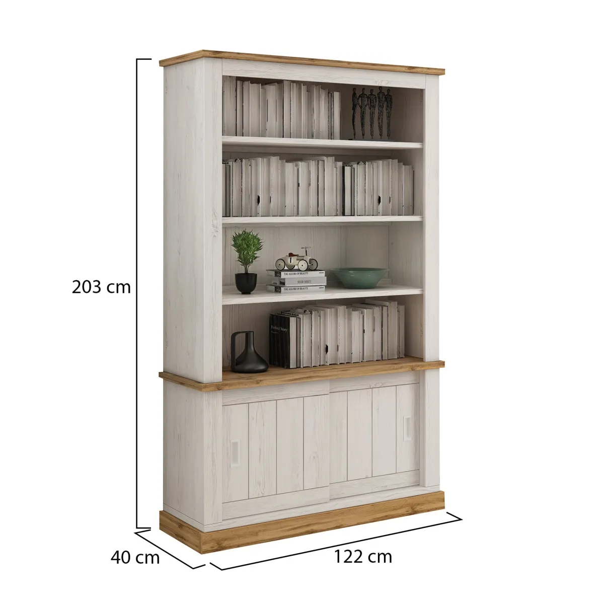 Librerie > Dmora Libreria Bianco Marrone 3 Ripiani 2 Ante 122x40x203h cm, Installazione a Terra - Evandro Marrone, Bianco