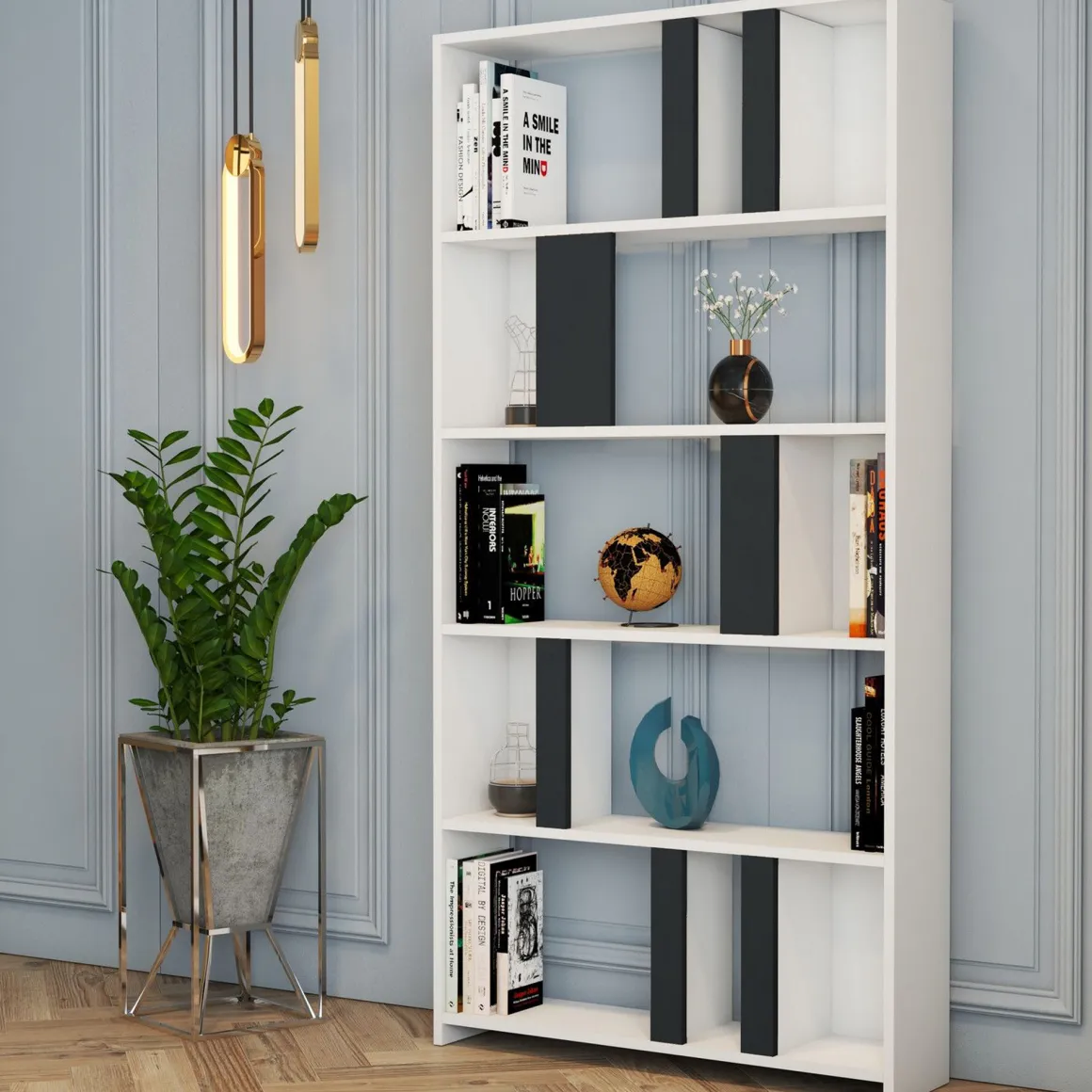 Librerie > Dmora Libreria Bianco Nero Antracite 8 Ripiani Installazione Fissaggio al Muro 90x25x172h cm, Sfumatura Colore Struttura Antracite - Cergnago Nero, Bianco Antracite