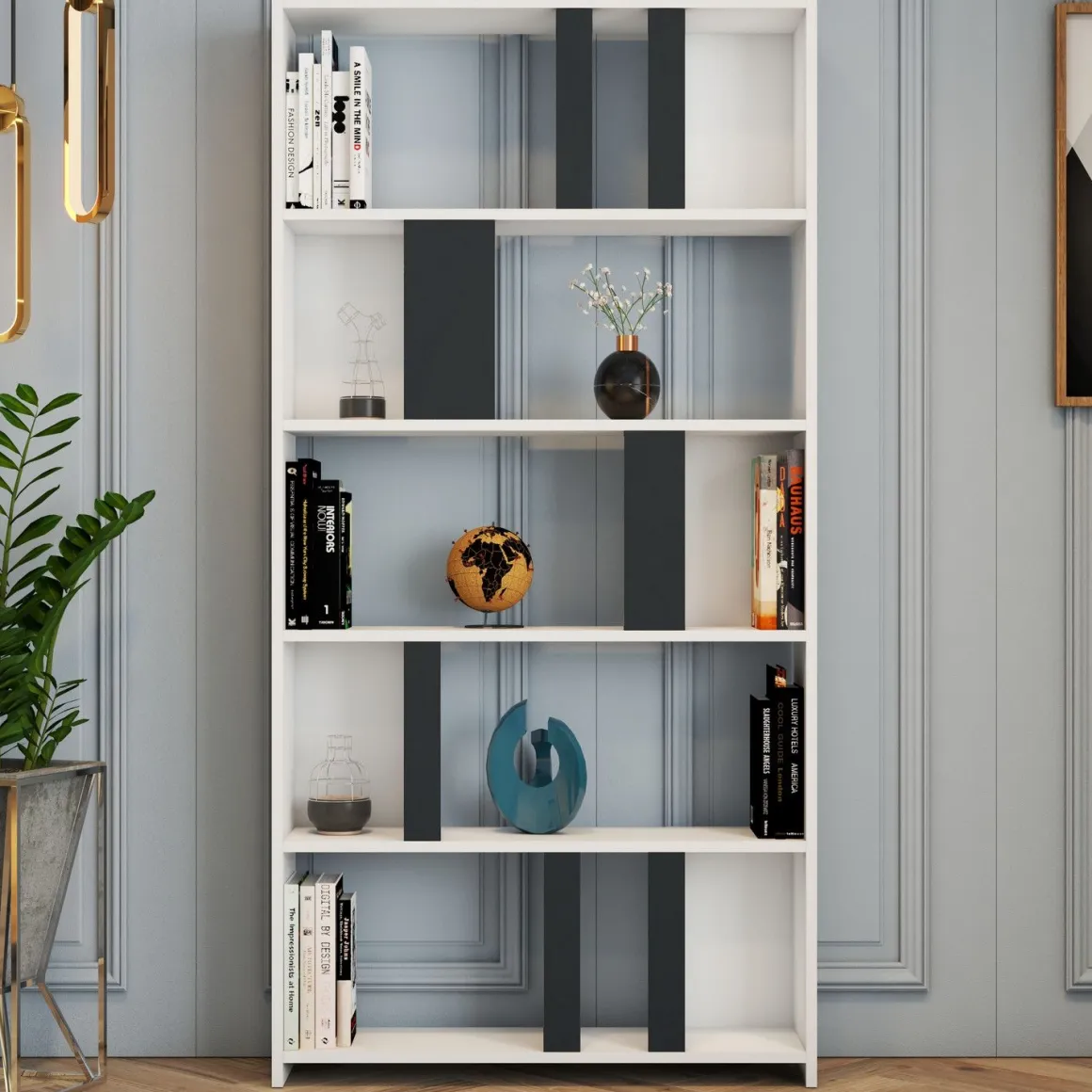 Librerie > Dmora Libreria Bianco Nero Antracite 8 Ripiani Installazione Fissaggio al Muro 90x25x172h cm, Sfumatura Colore Struttura Antracite - Cergnago Nero, Bianco Antracite