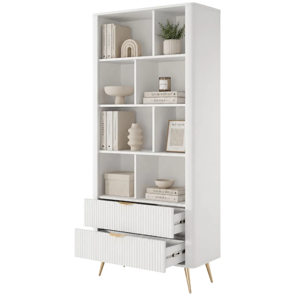 Librerie > Dmora Libreria Bianco oro 2 Cassetti 4 Ripiani 88x38x194h cm, con Piedini - Kabavasi Oro, Bianco